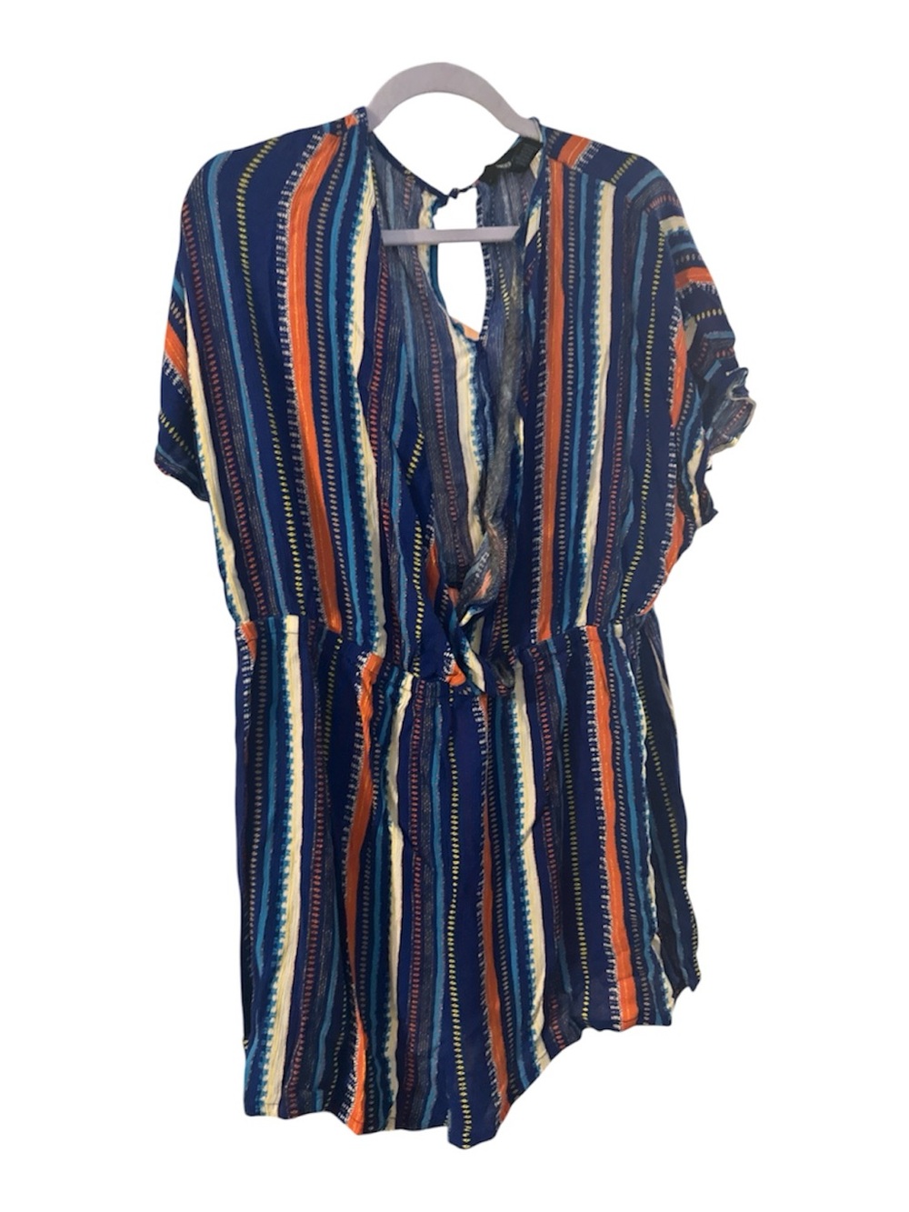 Forever 21 Navy Multicolor Striped Romper 3x wrap short sleeves poly rayon